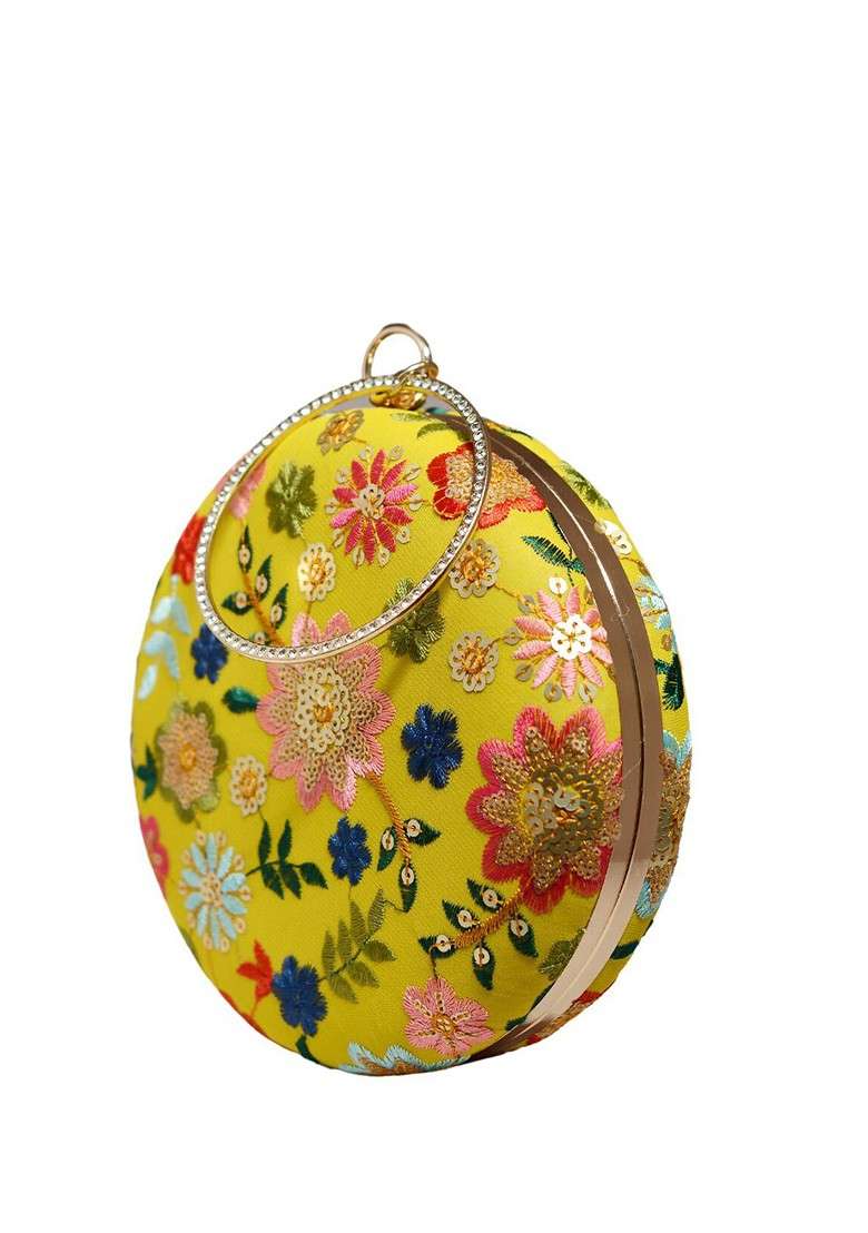 Mustard Satin Embroidered Box Clutch - Indya