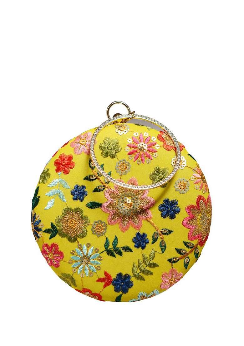 Mustard Satin Embroidered Box Clutch - Indya