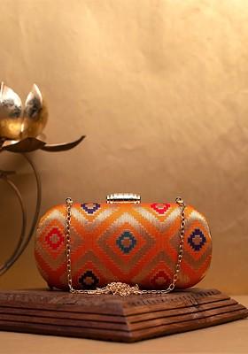 Orange Satin Embroidered Box Clutch