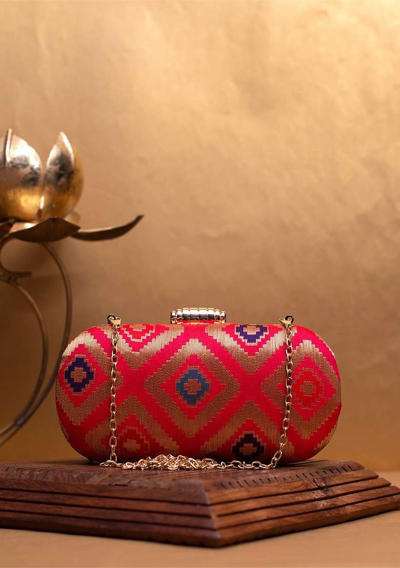 Red Satin Textured Box Clutch - Indya