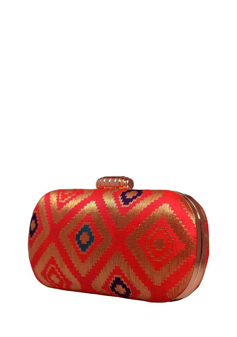 Red Satin Textured Box Clutch - Indya