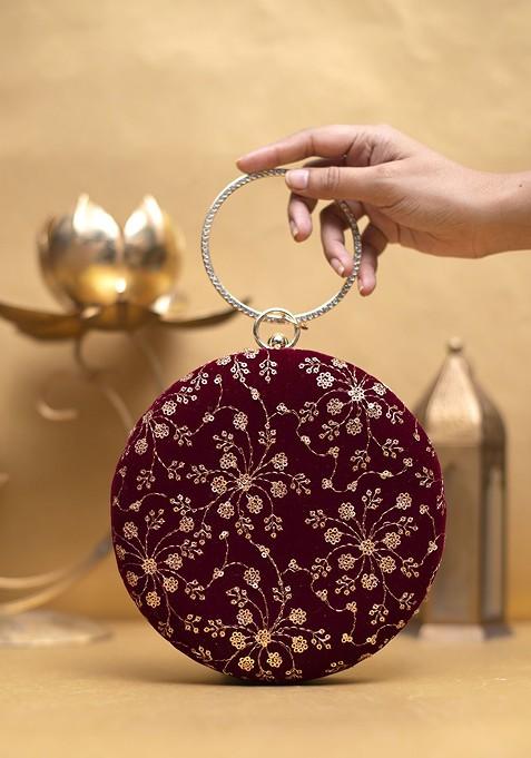 Maroon Satin Embroidered Box Clutch