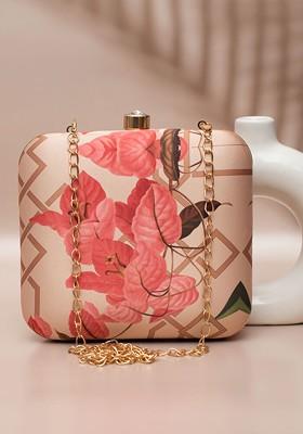 Peach Fabric Printed Box Clutch With Shoulder Strap