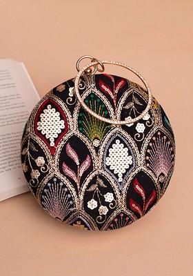 Black Satin Embroidered Shoulder Strap Box Clutch