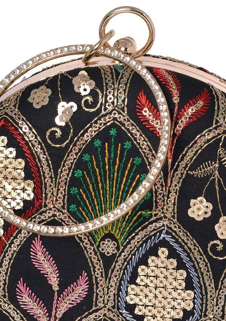 Black Satin Embroidered Shoulder Strap Box Clutch - Indya