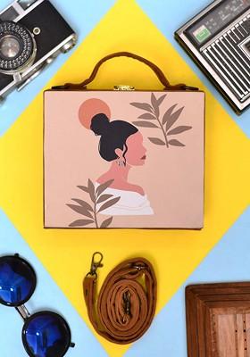 Beige Fabric Bun Woman Printed Suitcase Style Box Clutch