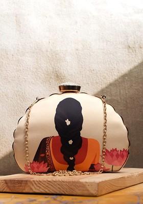 Cream Fabric Printed Box Clutch