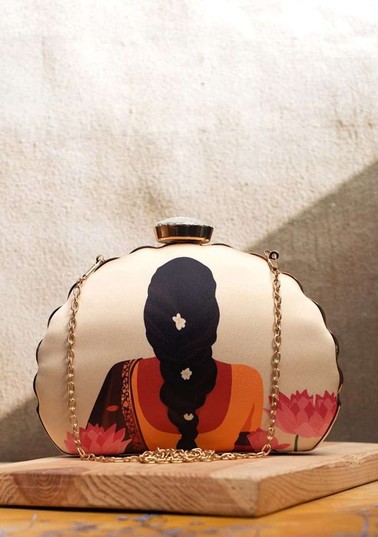 Cream Fabric Printed Box Clutch - Indya