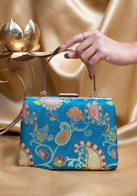 Blue Satin Floral Embroidered Brocade Box Clutch