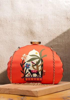 Orange Fabric Printed Half Moon Clutch