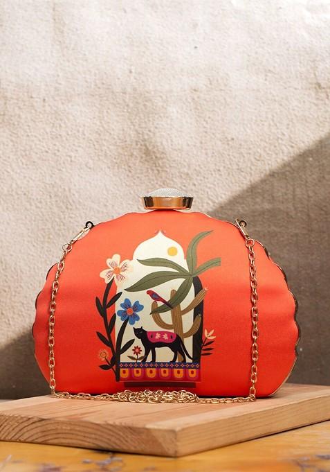 Orange Fabric Printed Half Moon Clutch