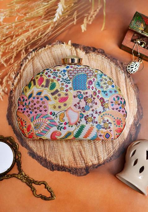 White Satin Embroidered Box Clutch