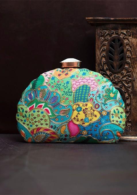 Green Fabric Printed Embroidered Box Clutch
