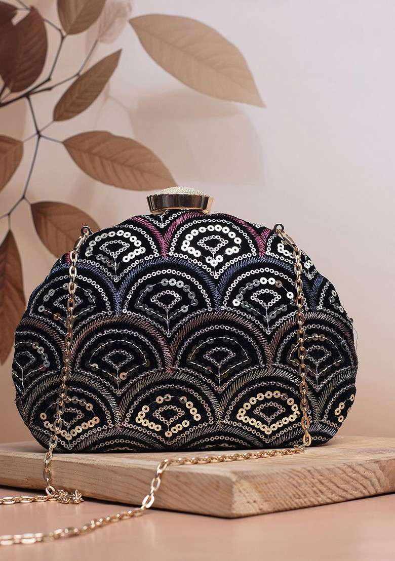 Black Satin Embroidered Embellished Box Clutch - Indya