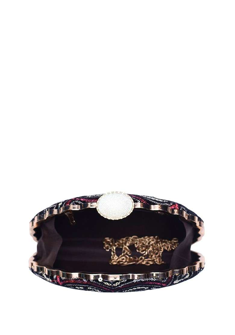 Black Satin Embroidered Embellished Box Clutch - Indya