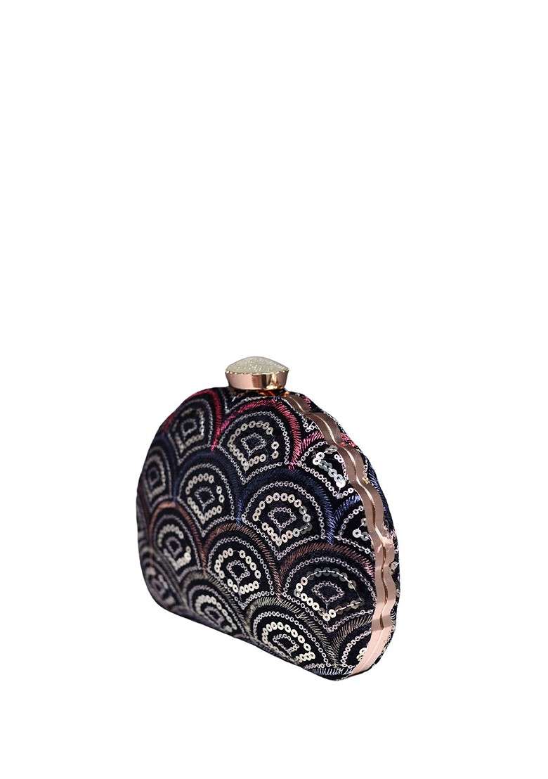 Black Satin Embroidered Embellished Box Clutch - Indya