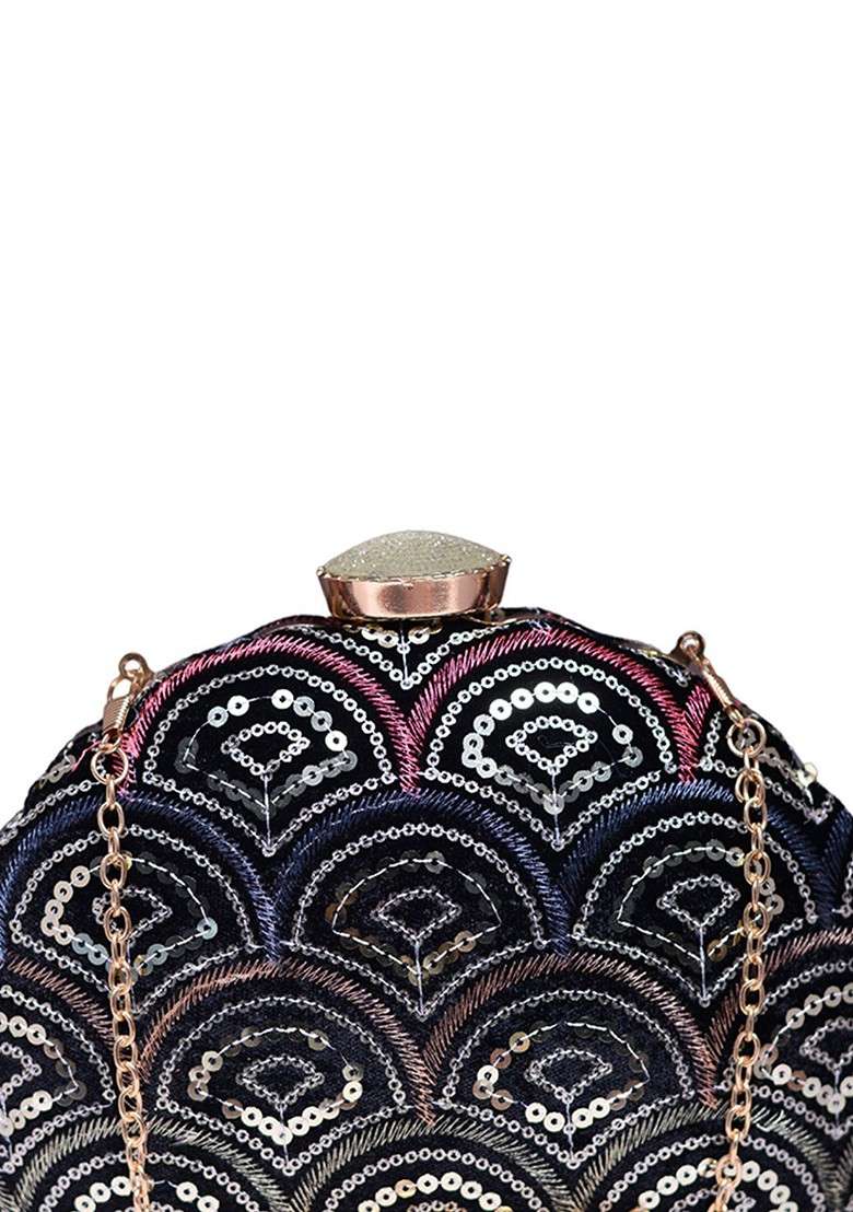Black Satin Embroidered Embellished Box Clutch - Indya