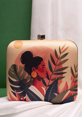 Beige Fabric Portrait Printed Box Clutch