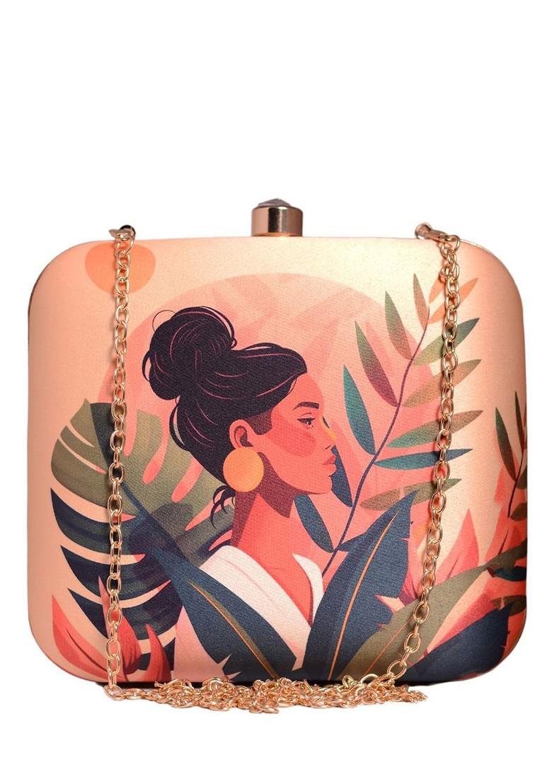 Beige Fabric Portrait Printed Box Clutch - Indya