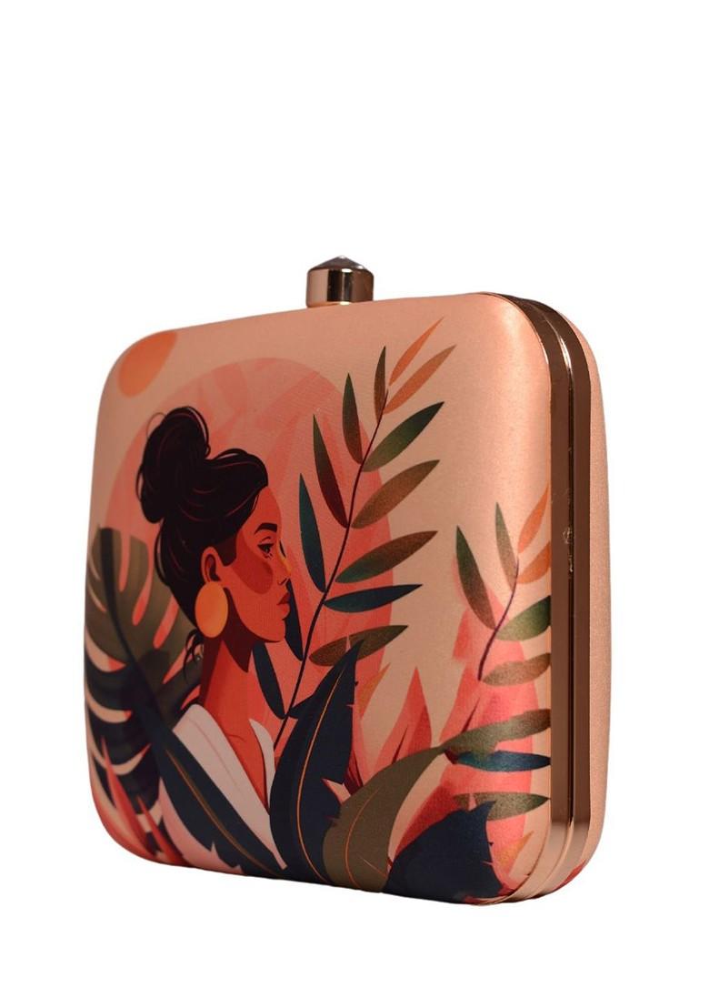 Beige Fabric Portrait Printed Box Clutch - Indya