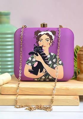 Purple Fabric Purple And Beige Printed Box Clutch