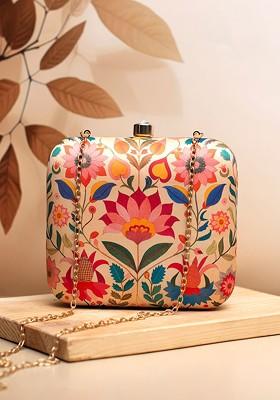 Beige Fabric Floral Printed Box Clutch