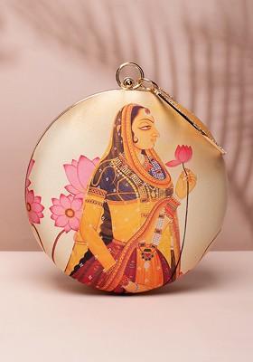 Cream Fabric Printed Box Clutch