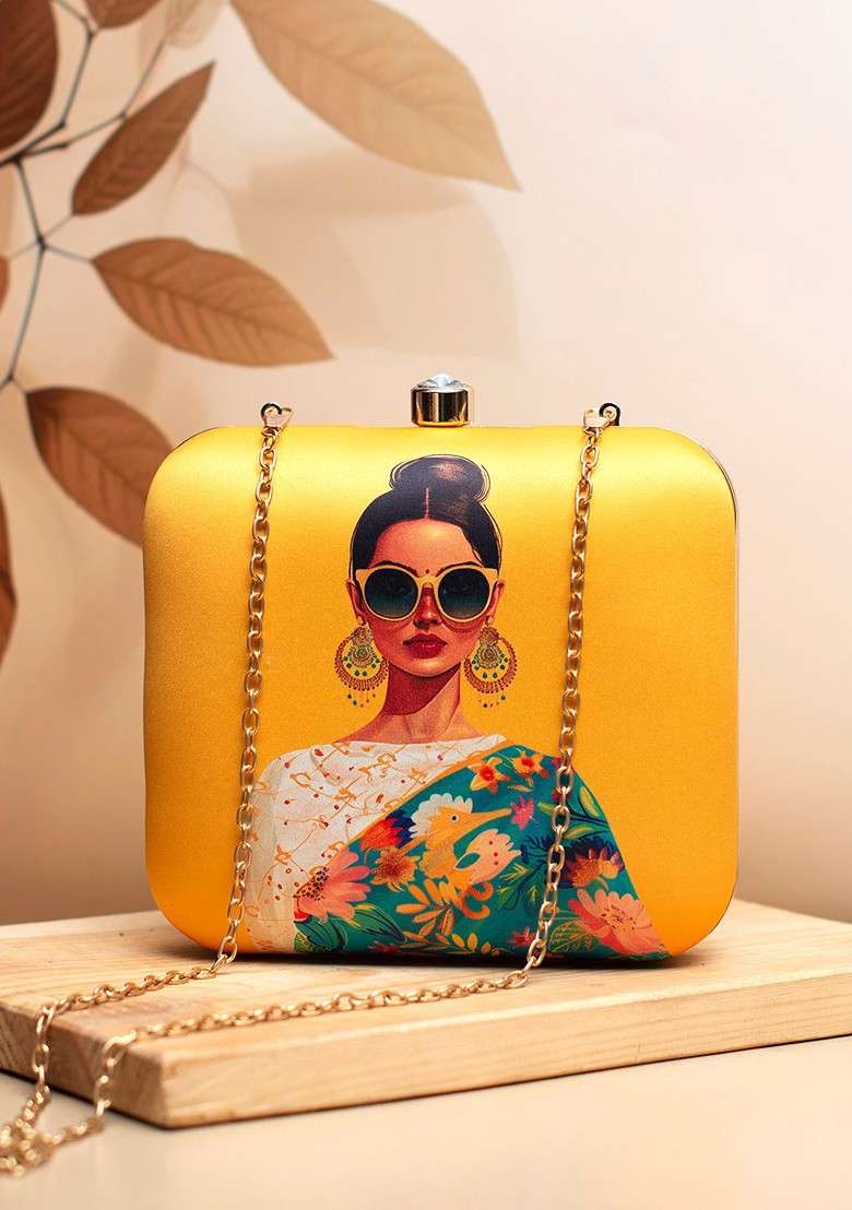 Yellow Fabric Classy Women Printed Box Clutch - Indya