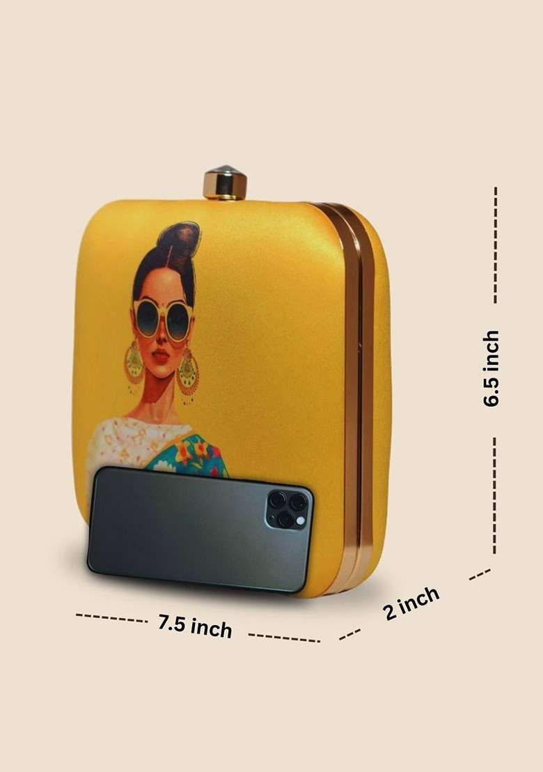 Yellow Fabric Classy Women Printed Box Clutch - Indya