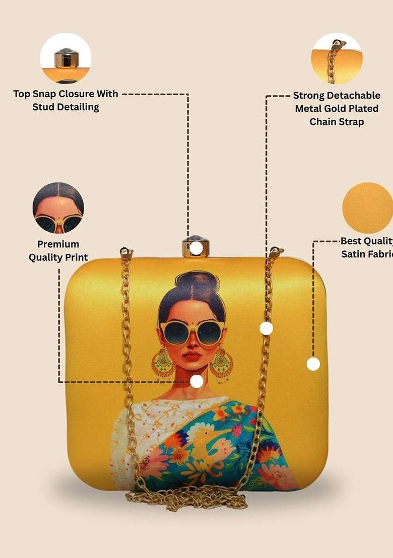 Yellow Fabric Classy Women Printed Box Clutch - Indya