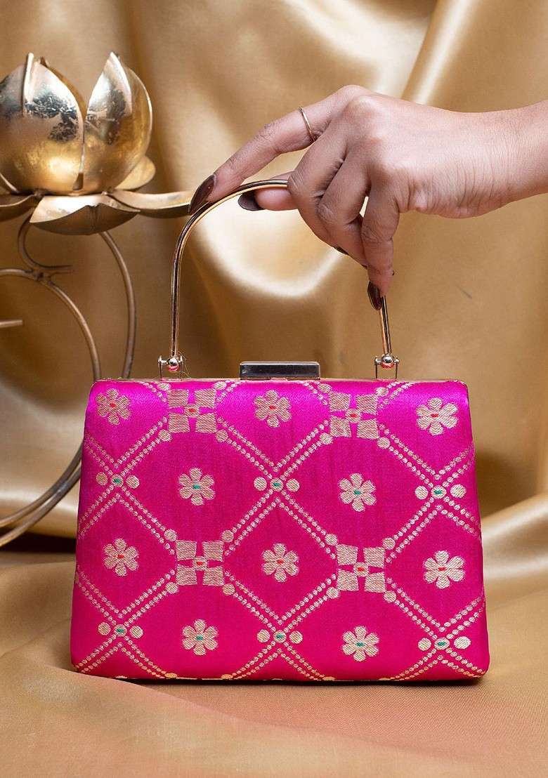 Pink Satin Floral Embroidered Brocade Box Clutch - Indya