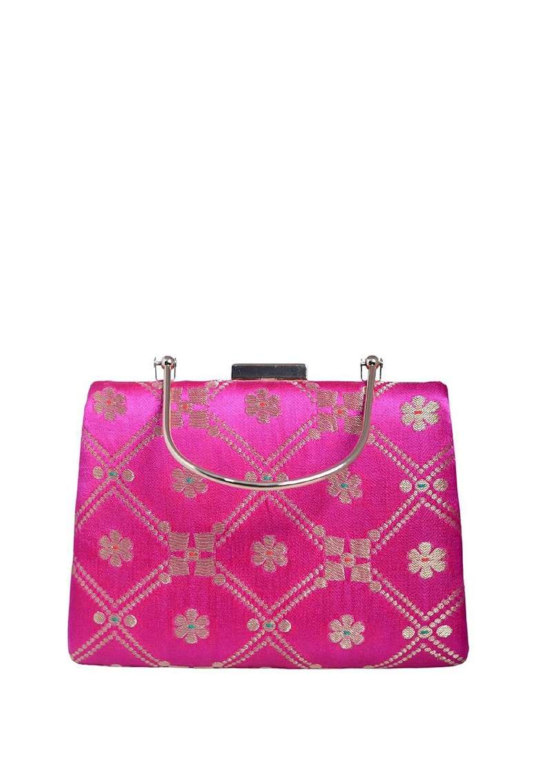 Pink Satin Floral Embroidered Brocade Box Clutch - Indya