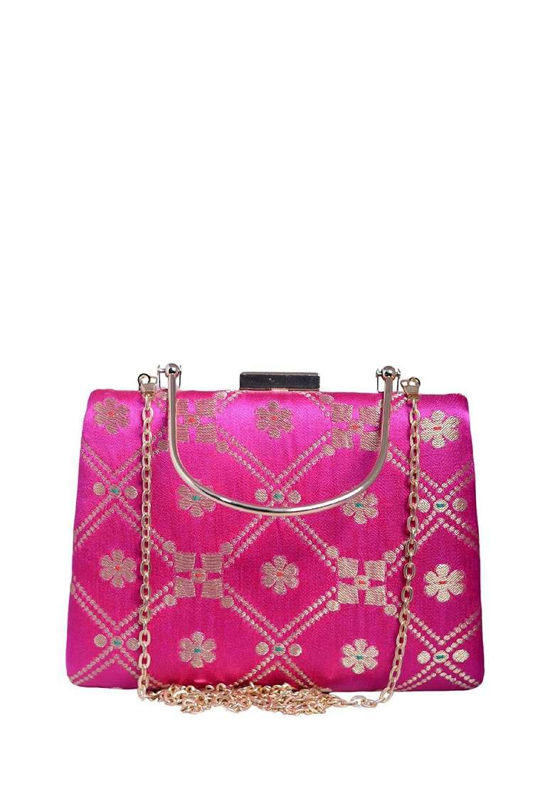 Pink Satin Floral Embroidered Brocade Box Clutch - Indya