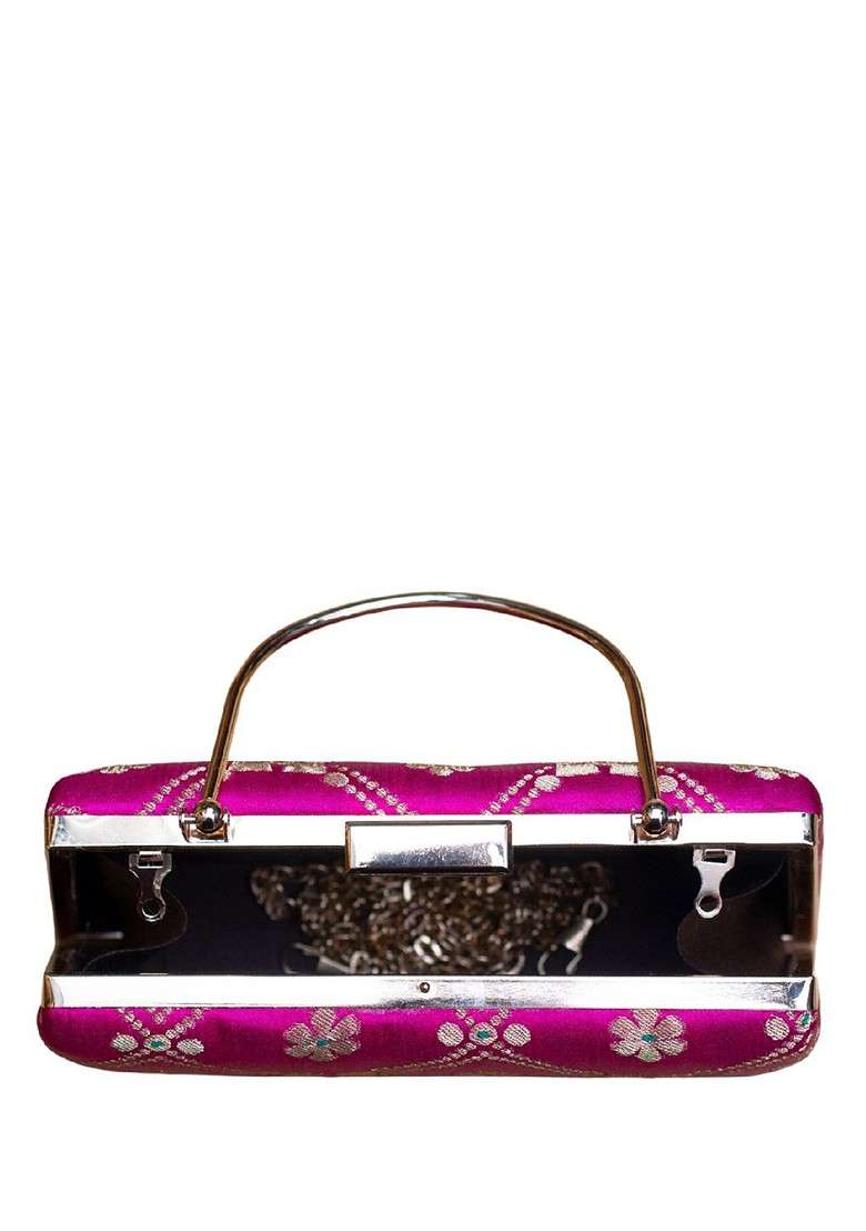 Pink Satin Floral Embroidered Brocade Box Clutch - Indya