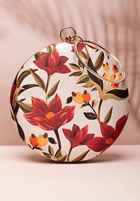 Cream Fabric Printed Box Clutch With Shoulder Strap