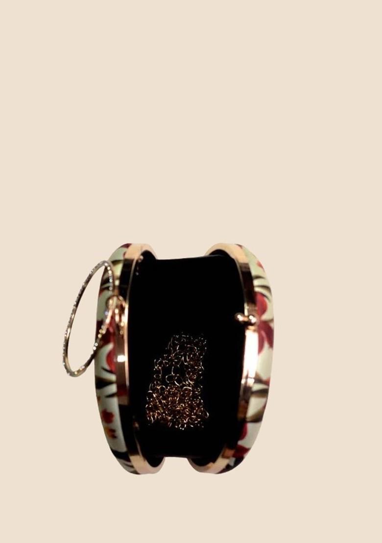 Cream Fabric Printed Box Clutch With Shoulder Strap - Indya