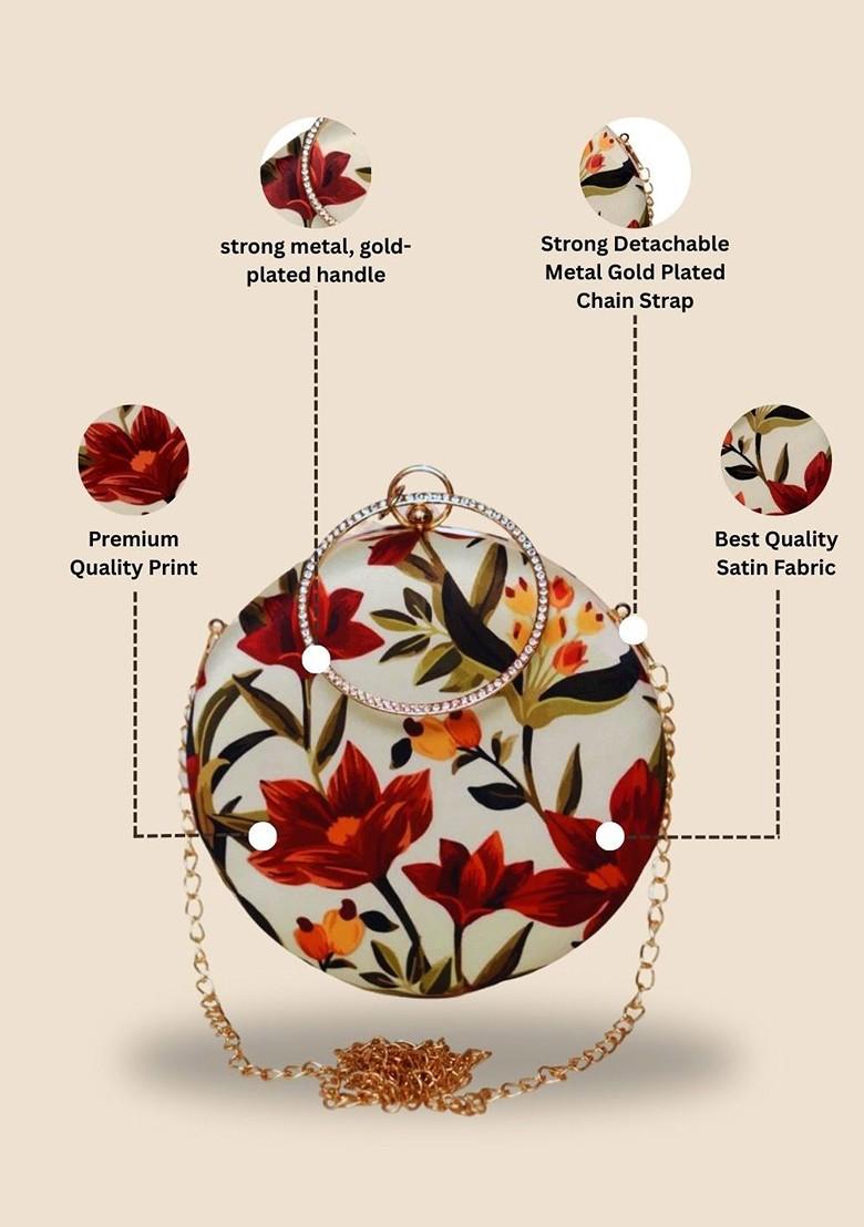 Cream Fabric Printed Box Clutch With Shoulder Strap - Indya