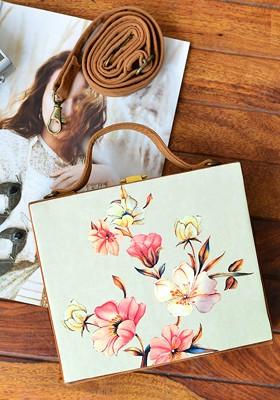 Off White Fabric Women Off White And Brown Printed Fabric Box Clutch