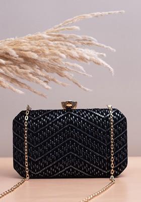Black Satin Embroidered Box Clutch