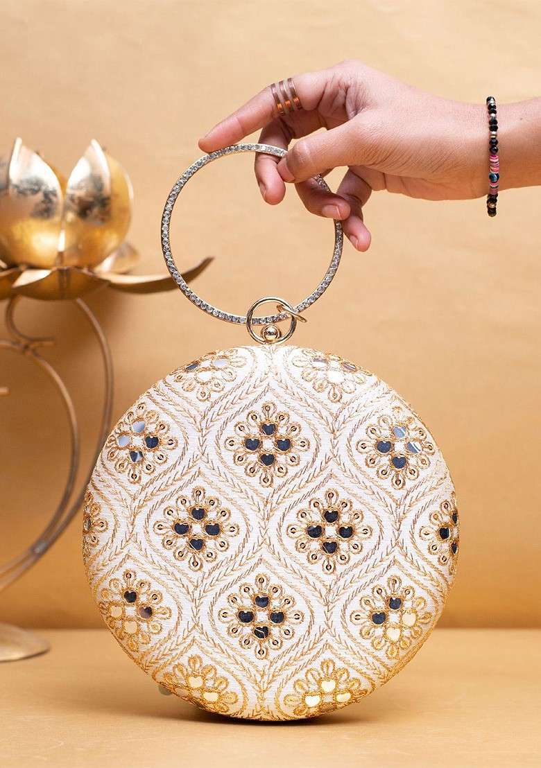 White Satin Embroidered Thread Work And Sequinned Box Clutch - Indya