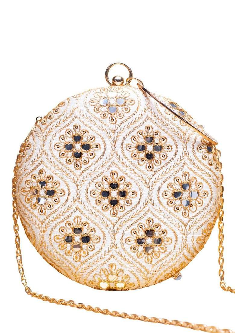 White Satin Embroidered Thread Work And Sequinned Box Clutch - Indya