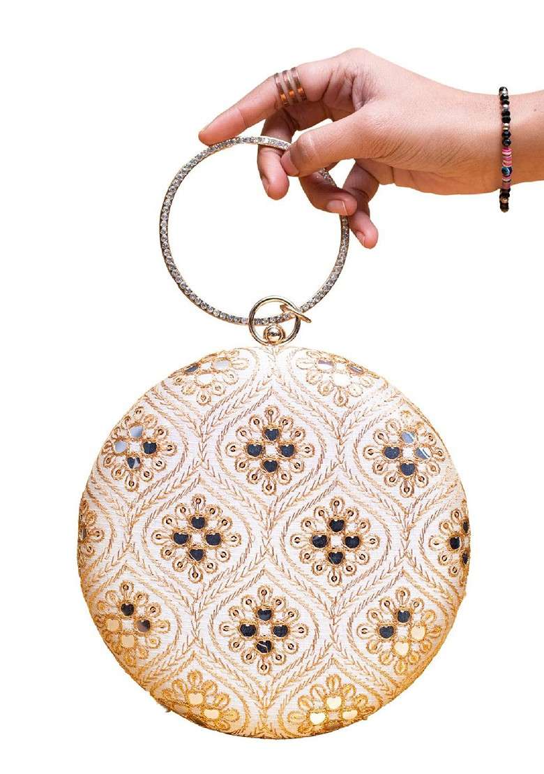White Satin Embroidered Thread Work And Sequinned Box Clutch - Indya