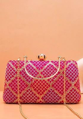 Pink Satin Checked Embroidered Sequinned Box Clutch