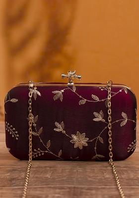 Maroon Satin Women Threadwork Embroidered Purse Clutch