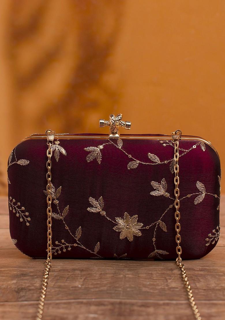 Maroon Satin Women Threadwork Embroidered Purse Clutch - Indya