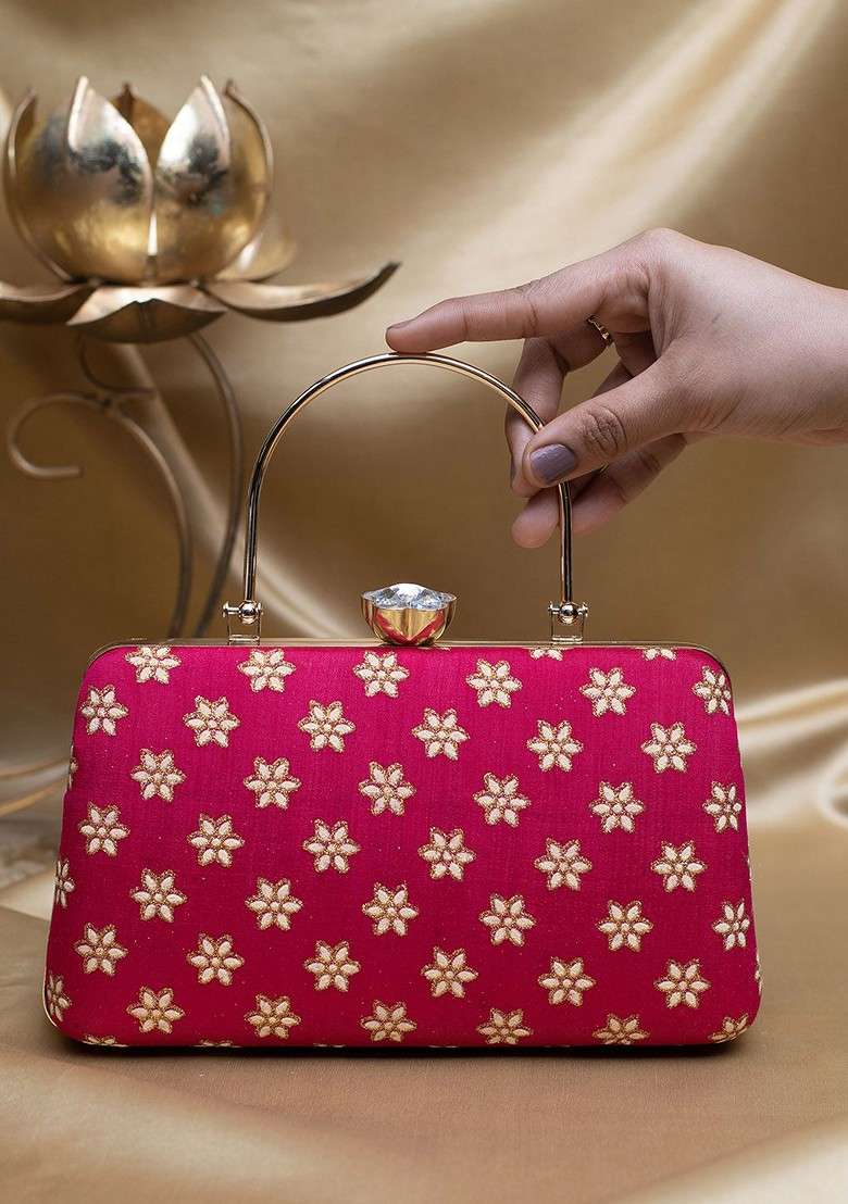 Red Satin Embroidered Box Clutch - Indya