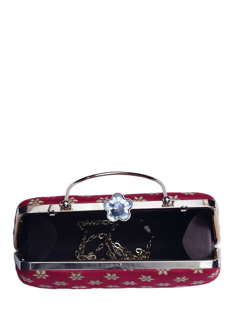 Red Satin Embroidered Box Clutch - Indya