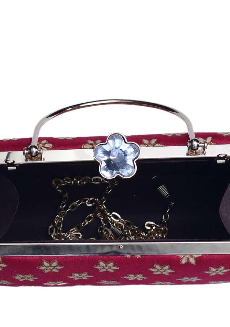 Red Satin Embroidered Box Clutch - Indya