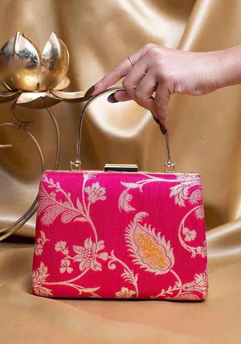 Pink Satin Floral Embroidered Brocade Box Clutch