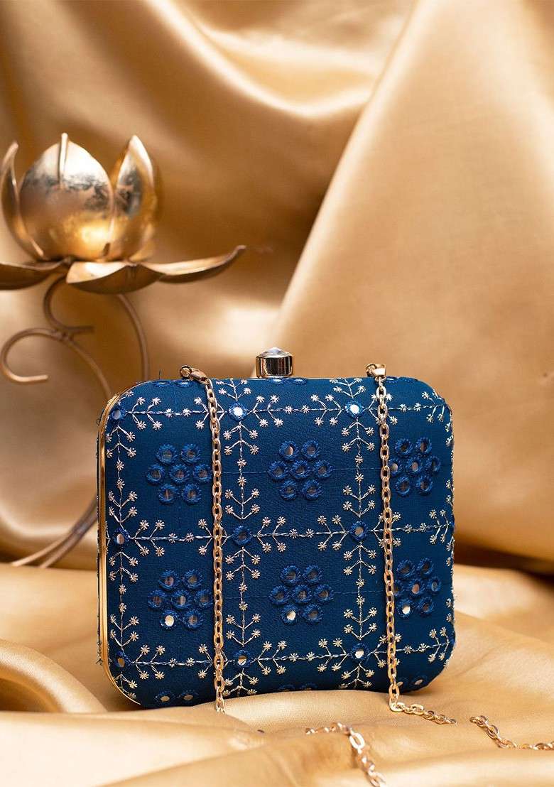 Blue Satin Threadwork Embroidery Box Clutch With Sling Chain - Indya